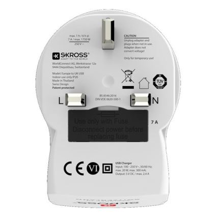Adaptador de viagem para UK 230V + 2x porta USB