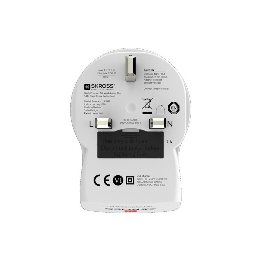 Adaptador de viagem para UK 230V + 2x porta USB
