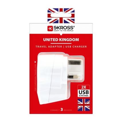 Adaptador de viagem para UK 230V + 2x porta USB
