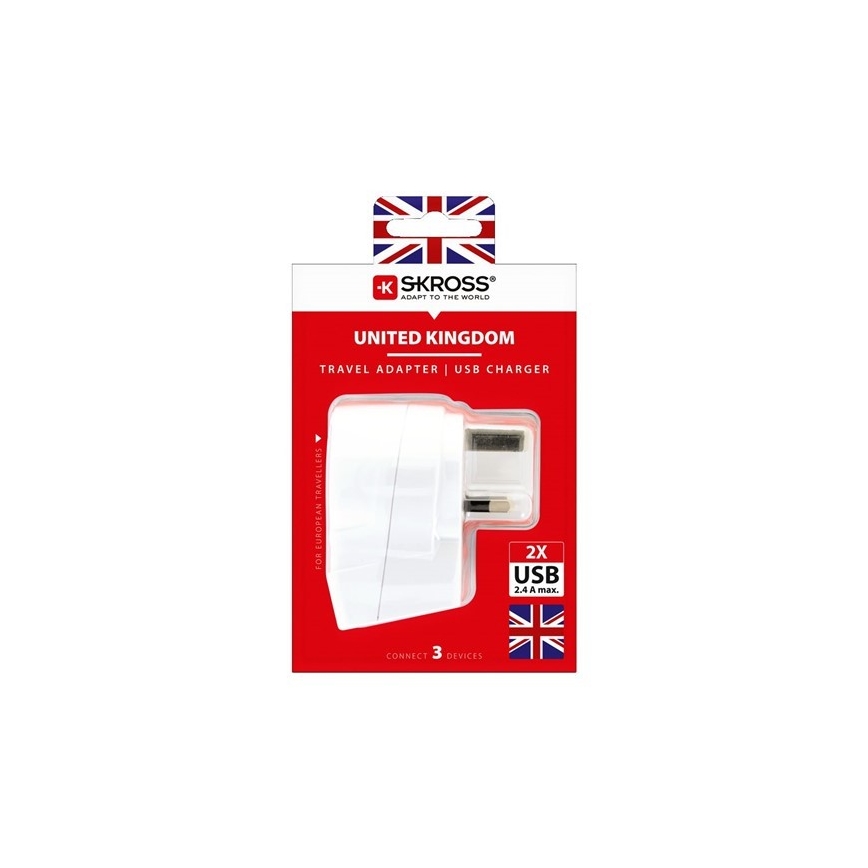 Adaptador de viagem para UK 230V + 2x porta USB