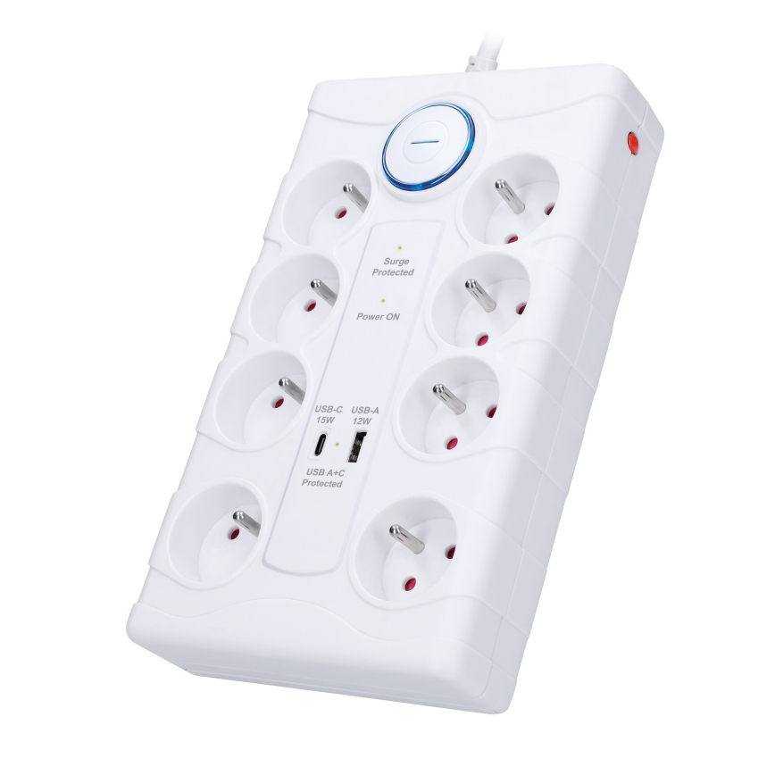 Cabo de extensão com interruptor 8Z Tipo E + 1xUSB-A + 1xUSB-C 2m branco