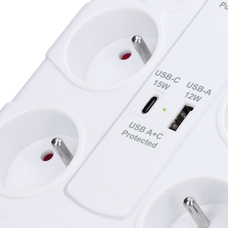 Cabo de extensão com interruptor 8Z Tipo E + 1xUSB-A + 1xUSB-C 2m branco