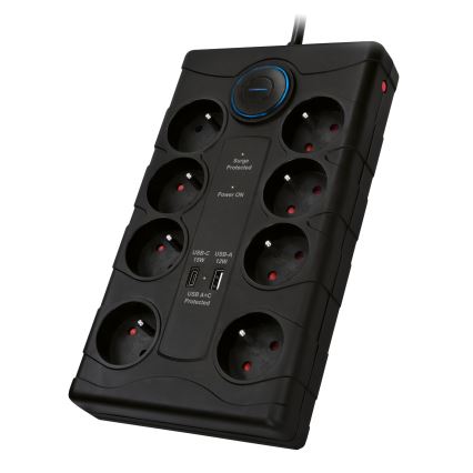 Cabo de extensão com interruptor 8Z Tipo E + 1xUSB-A + 1xUSB-C 2m preto