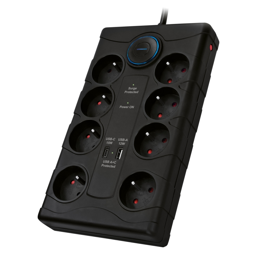 Cabo de extensão com interruptor 8Z Tipo E + 1xUSB-A + 1xUSB-C 2m preto