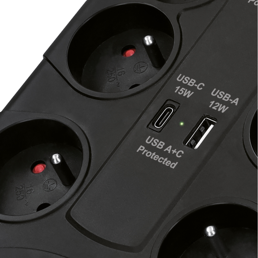 Cabo de extensão com interruptor 8Z Tipo E + 1xUSB-A + 1xUSB-C 2m preto