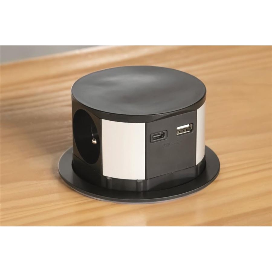 Solight PP100USBC-B - Coluna de tomadas para tampo da mesa 3x230V + 2xUSB preto