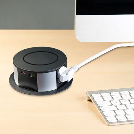 Coluna com tomadas para tampo de mesa com carregamento sem fios Qi 3x230V + 1xUSB-A + 1xUSB-C preto/prateado