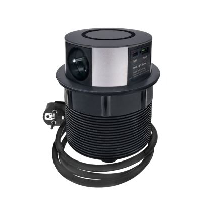 Coluna com tomadas para tampo de mesa com carregamento sem fios Qi 3x230V + 1xUSB-A + 1xUSB-C preto/prateado