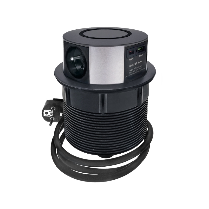 Coluna com tomadas para tampo de mesa com carregamento sem fios Qi 3x230V + 1xUSB-A + 1xUSB-C preto/prateado