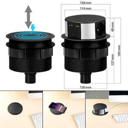 Coluna com tomadas para tampo de mesa com carregamento sem fios Qi 3x230V + 1xUSB-A + 1xUSB-C preto/prateado