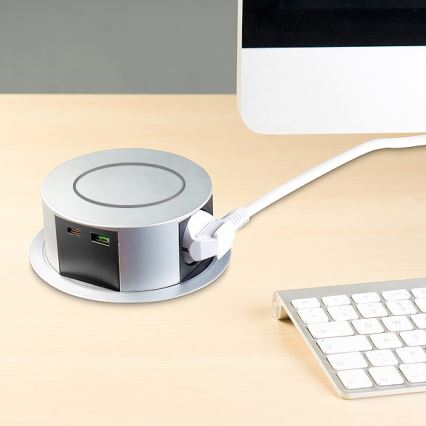 Coluna com tomadas para tampo de mesa com carregamento sem fios Qi 3x230V + 1xUSB-A + 1xUSB-C prateado/preto