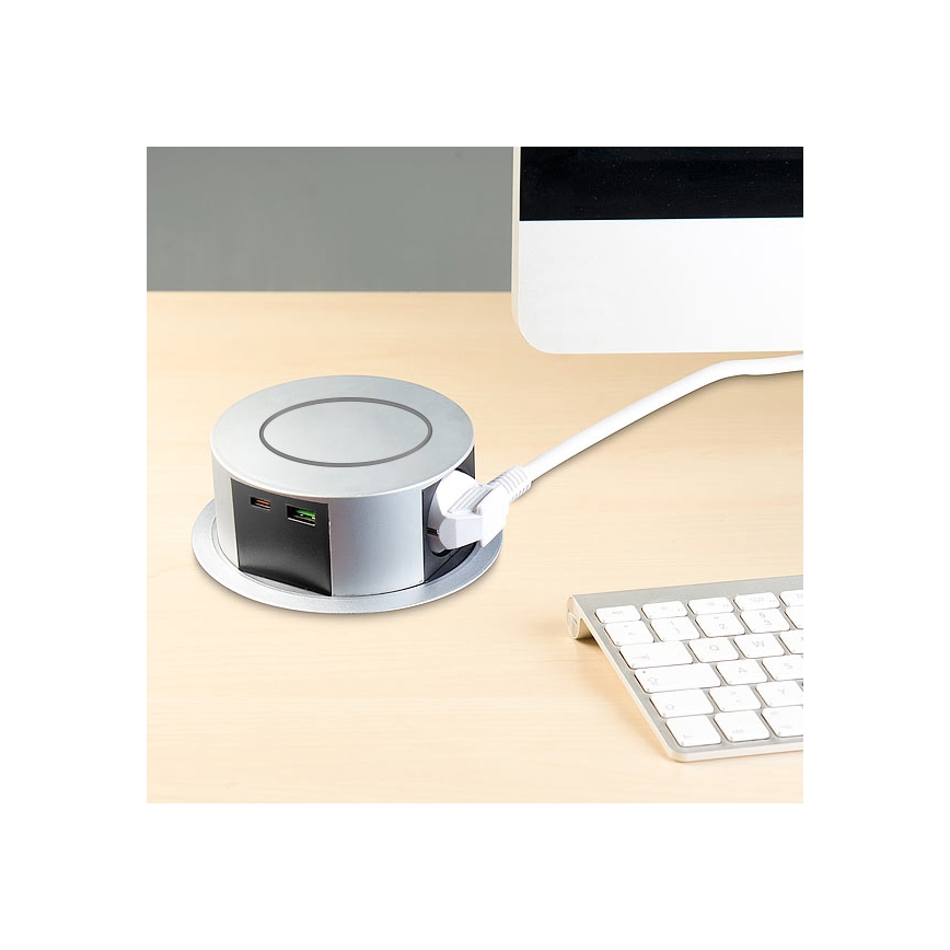 Coluna com tomadas para tampo de mesa com carregamento sem fios Qi 3x230V + 1xUSB-A + 1xUSB-C prateado/preto