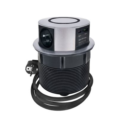 Coluna com tomadas para tampo de mesa com carregamento sem fios Qi 3x230V + 1xUSB-A + 1xUSB-C prateado/preto