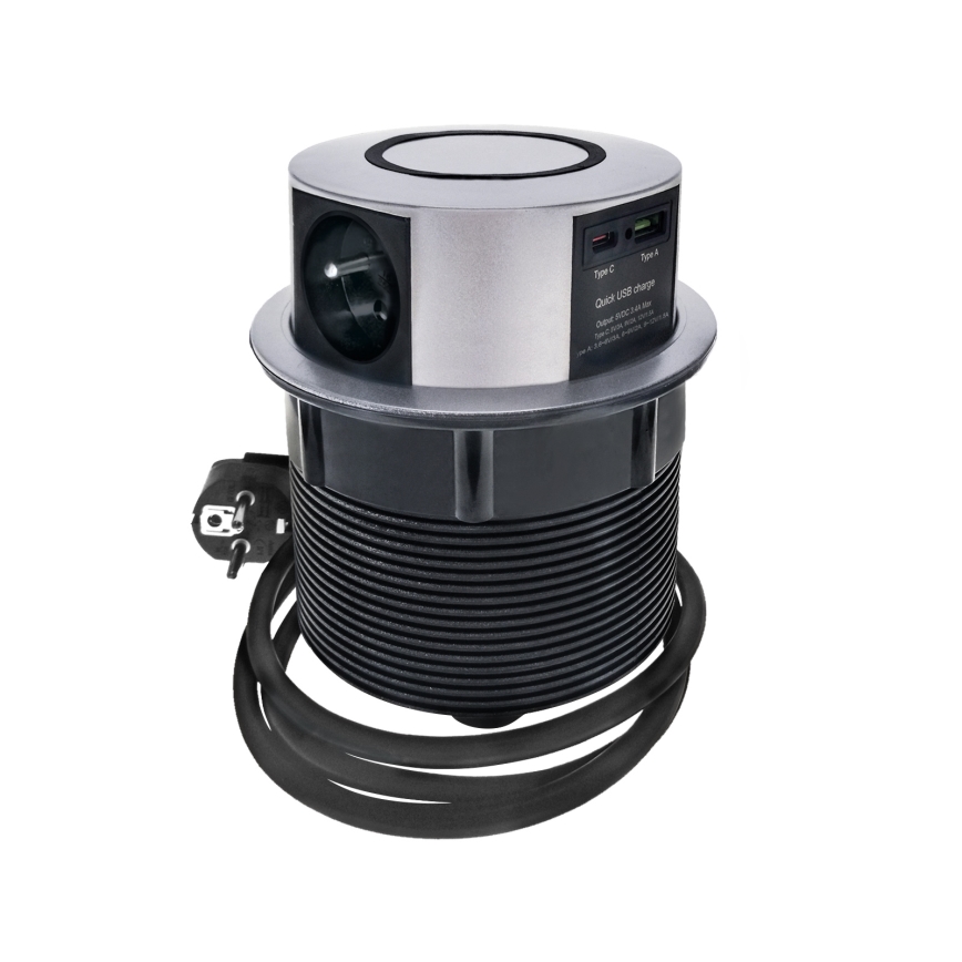 Coluna com tomadas para tampo de mesa com carregamento sem fios Qi 3x230V + 1xUSB-A + 1xUSB-C prateado/preto