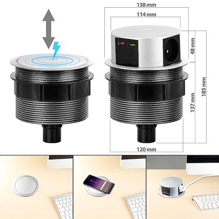 Coluna com tomadas para tampo de mesa com carregamento sem fios Qi 3x230V + 1xUSB-A + 1xUSB-C prateado/preto