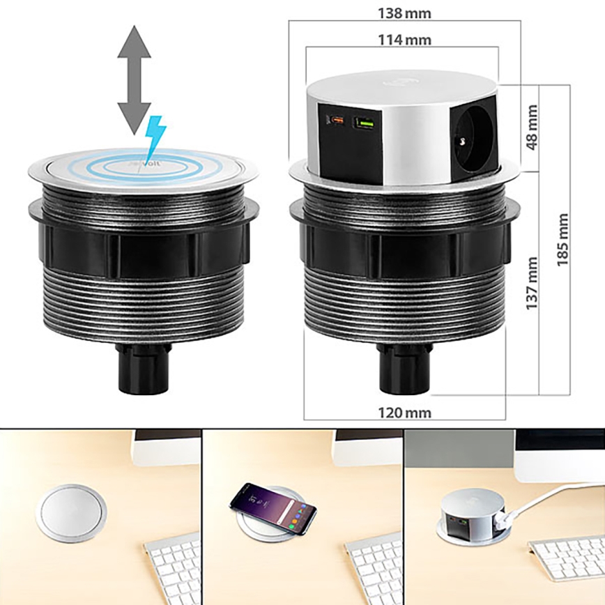 Coluna com tomadas para tampo de mesa com carregamento sem fios Qi 3x230V + 1xUSB-A + 1xUSB-C prateado/preto