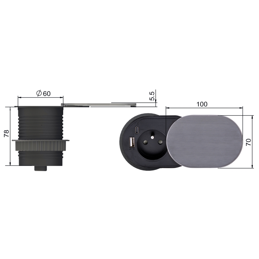 Tomada embutida 1Z + USB A+C
