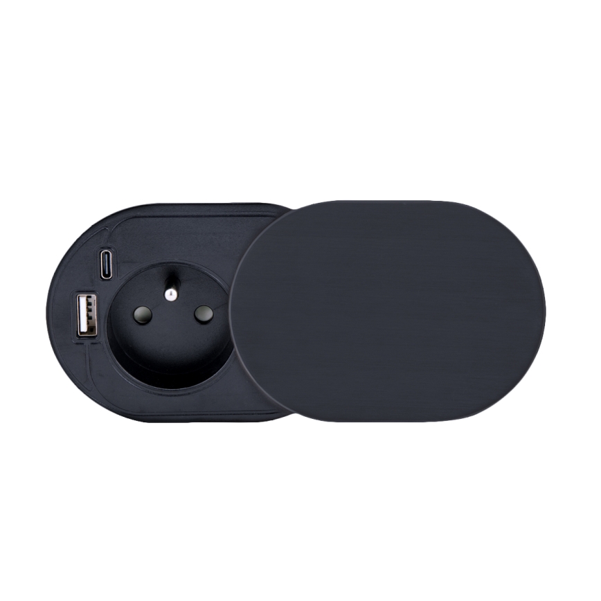 Tomada de embutir com tampa deslizante, 20W, 1 tomada + USB A+C, preta