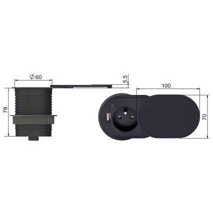 Tomada de embutir com tampa deslizante, 20W, 1 tomada + USB A+C, preta