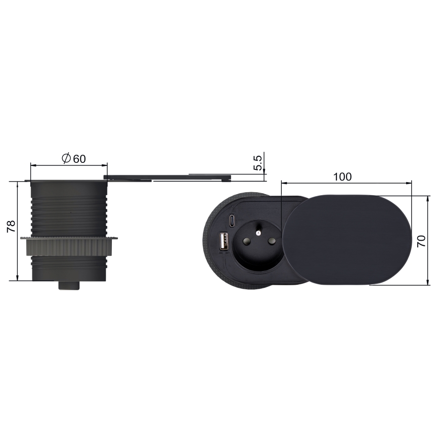 Tomada de embutir com tampa deslizante, 20W, 1 tomada + USB A+C, preta