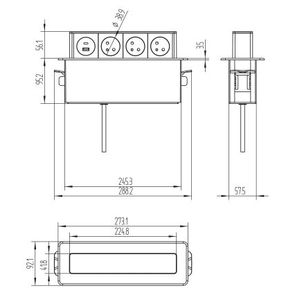 Coluna de tomadas para tampo de mesa 3x230V + USB-A + USB-C