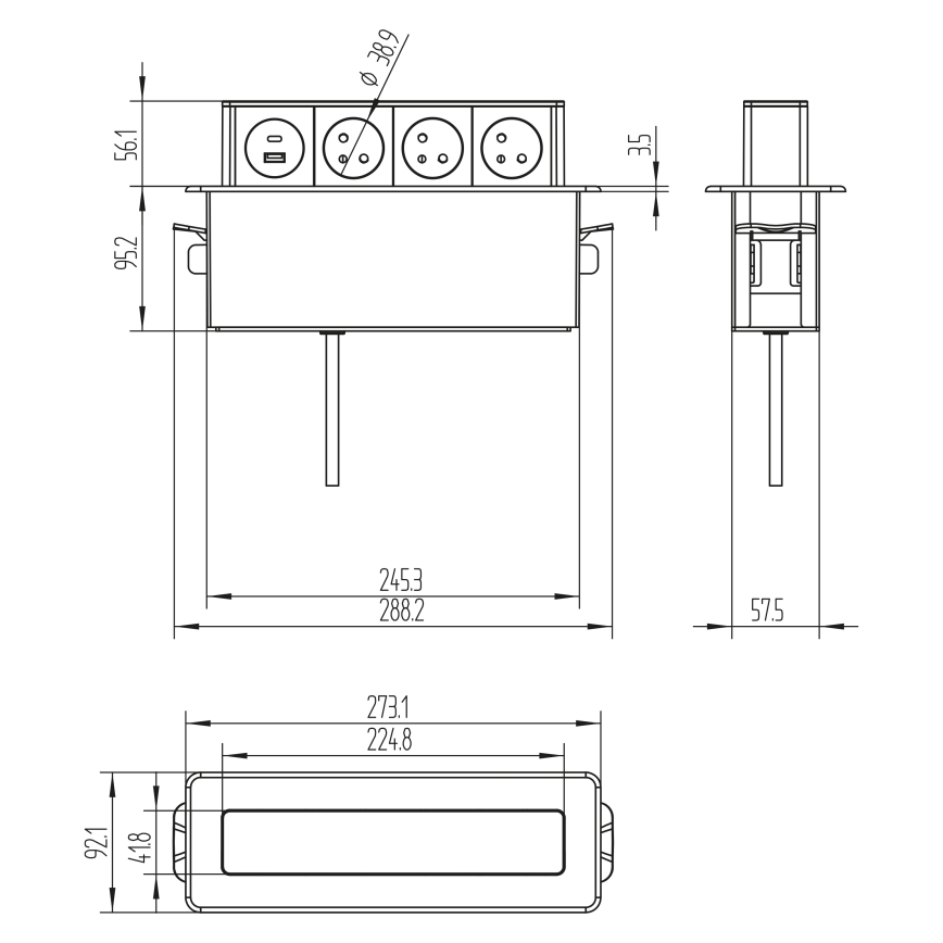 Coluna de tomadas para tampo de mesa 3x230V + USB-A + USB-C