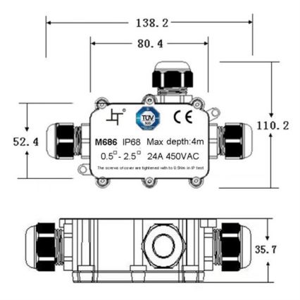 Caixa de junção impermeável 24A/450V AC IP68