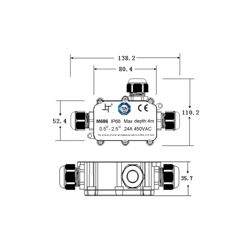 Caixa de junção impermeável 24A/450V AC IP68