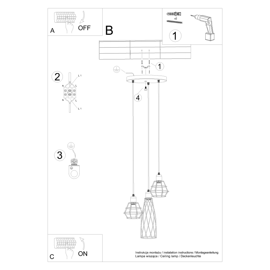 Candelabro suspenso SUBA 3xE27/15W/230V preto