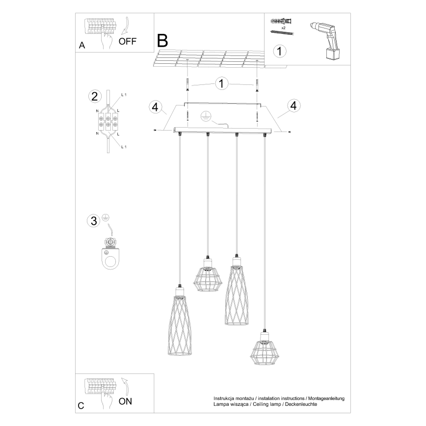 Candelabro suspenso SUBA 4xE27/15W/230V preto