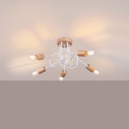 Candeeiro integrado EMBER 5xE27/15W/230V branco/bege/faia