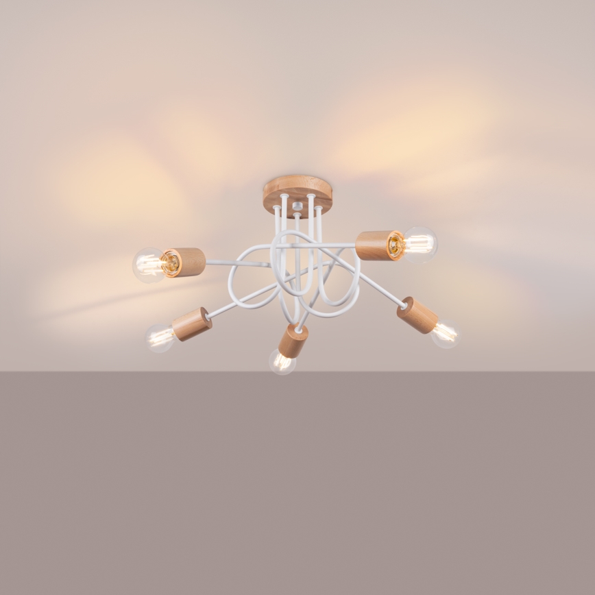 Candeeiro integrado EMBER 5xE27/15W/230V branco/bege/faia