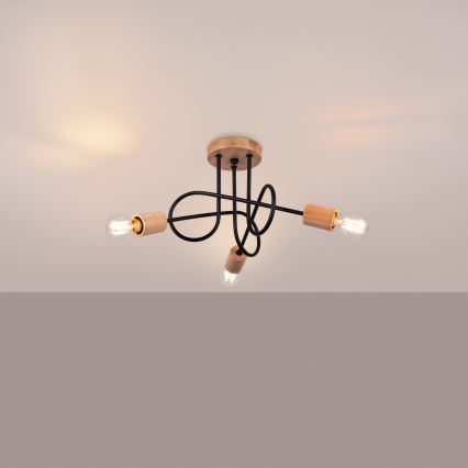 Candeeiro integrado EMBER 3xE27/15W/230V preto/bege/faia