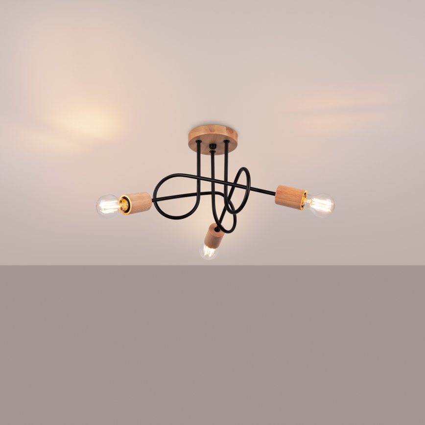 Candeeiro integrado EMBER 3xE27/15W/230V preto/bege/faia
