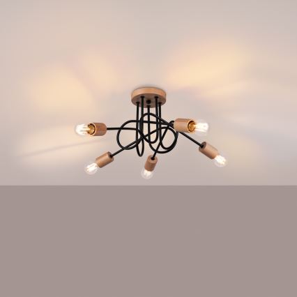 Candeeiro integrado EMBER 5xE27/15W/230V preto/bege/faia