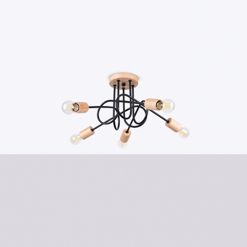 Candeeiro integrado EMBER 5xE27/15W/230V preto/bege/faia