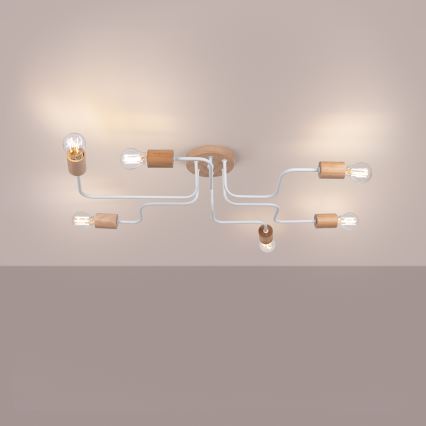 Candeeiro integrado TIMBO 6xE27/15W/230V branco/bege/faia