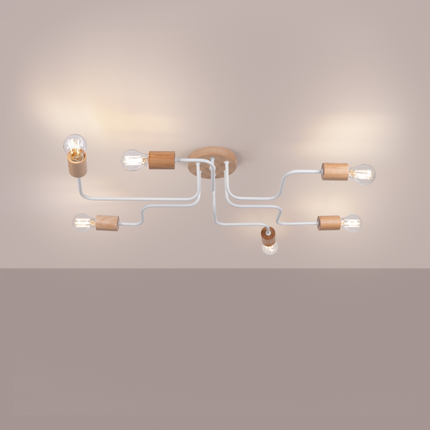 Candeeiro integrado TIMBO 6xE27/15W/230V branco/bege/faia