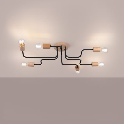 Candeeiro integrado TIMBO 6xE27/15W/230V preto/bege/faia