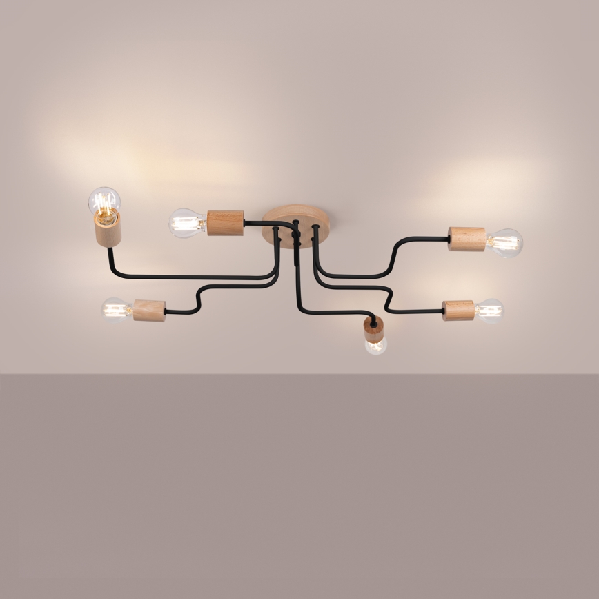 Candeeiro integrado TIMBO 6xE27/15W/230V preto/bege/faia