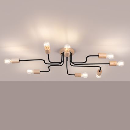 Candeeiro integrado TIMBO 8xE27/15W/230V preto/bege/faia