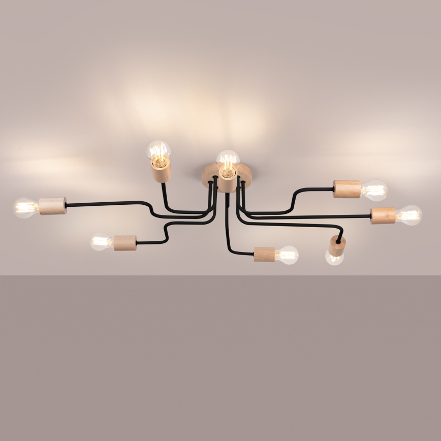 Candeeiro integrado TIMBO 8xE27/15W/230V preto/bege/faia