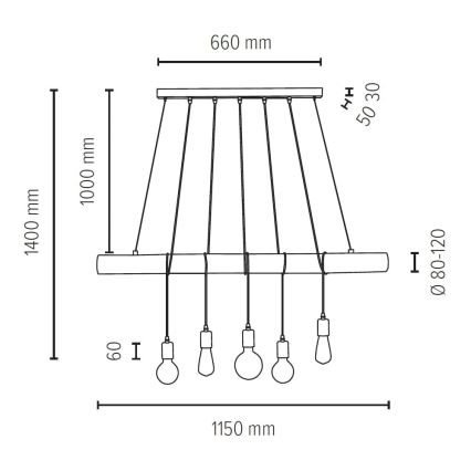 Candelabro suspenso TRABO 5xE27/60W/230V pinho - certificado por FSC