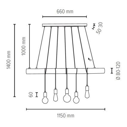Candelabro suspenso TRABO 5xE27/60W/230V pinho - certificado por FSC