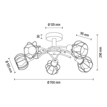 Candelabro montado à superfície VIVIANE 5xE27/60W/230V carvalho - certificado por FSC