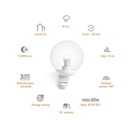 STEINEL 005917 - Iluminação de parede exterior com sensor L585S 1xE27/60W branco IP44
