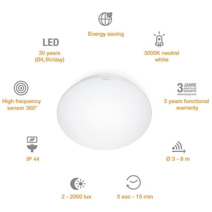 STEINEL 035105 - Iluminação de casa de banho LED com sensor RS 16 LED/9,5W/230V IP44
