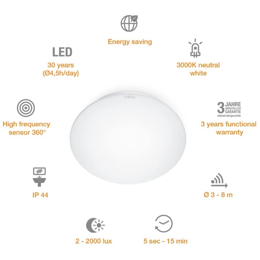 STEINEL 035105 - Iluminação de casa de banho LED com sensor RS 16 LED/9,5W/230V IP44