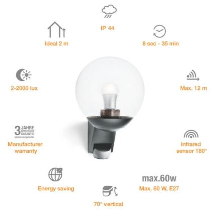 Steinel 035723 - Iluminação de parede exterior com sensor L585S 1xE27/60W/230V IP44