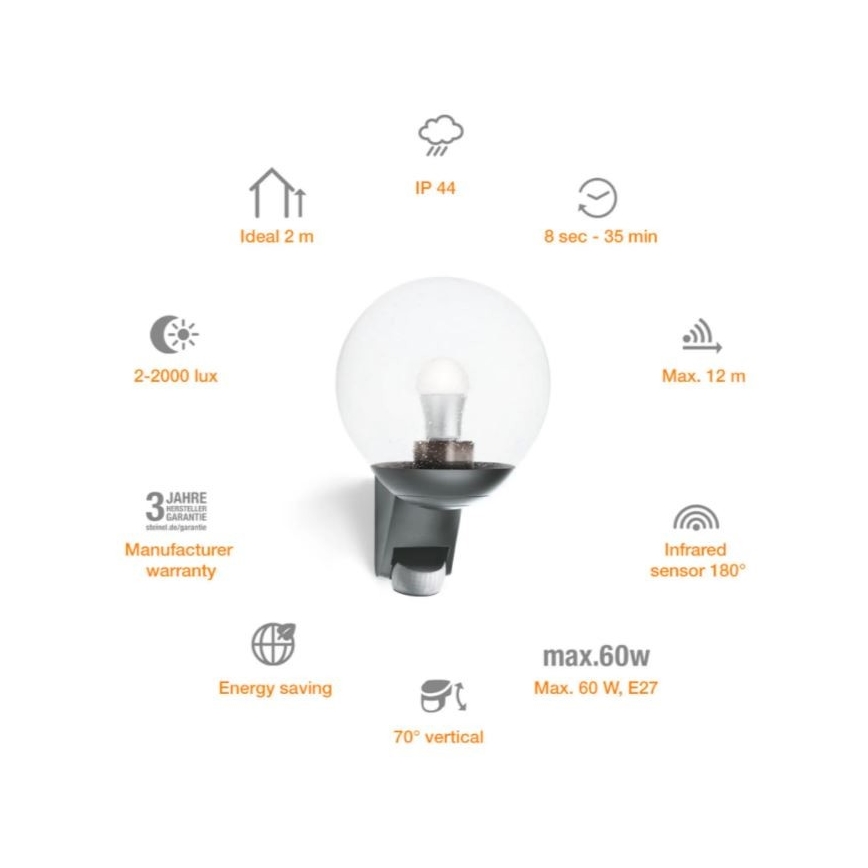 Steinel 035723 - Iluminação de parede exterior com sensor L585S 1xE27/60W/230V IP44